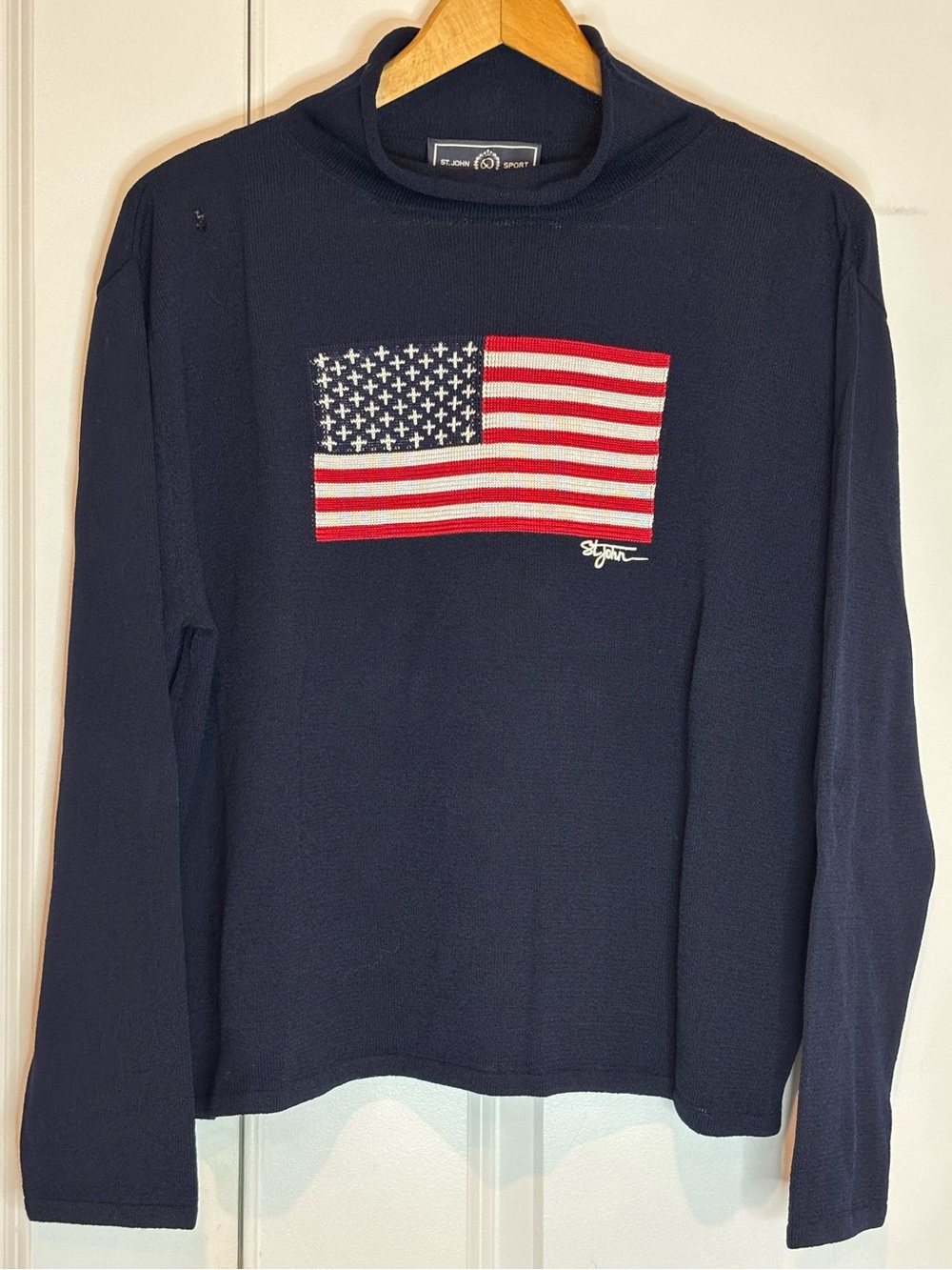 St. John Sport Navy American Flag Santana Knit Mock Neck Sweater L